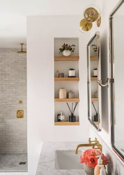 Laurelhurst Tudor Small Bathroom Timeless, Guest Bathroom Transitional, Modern Shiplap Bathroom, Tiny Master Bath Ideas, Small Transitional Bathroom, Open Shelves In Bathroom, Bathroom Wall Niche, Small Primary Bathroom, Small Ensuite Bathroom Ideas