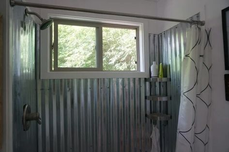 Corrugated Shower Walls, Metal Shower Walls Corrugated Tin, Galvanized Shower Walls, Tin Bathroom Ideas, Corrugated Metal Bathroom, Metal Shower Walls, Tin Shower Walls, Log House Bathroom, Corrugated Metal Shower