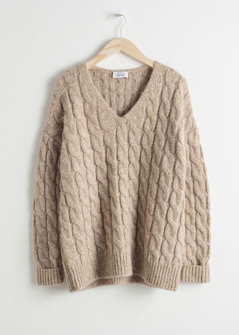 Front image of Stories alpaca blend cable knit sweater in beige Oatmeal Sweater, Straight Clothes, Cable Sweater, Warm Outfits, Fashion Story, Cable Knit Sweater, Cool Sweaters, Affordable Clothes, Jumpers And Cardigans