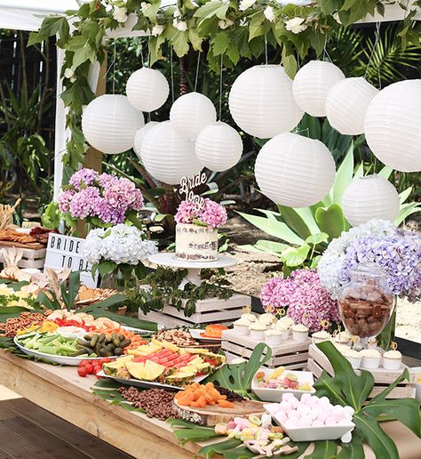 Grazing table at engagement party by @iamtarryndonaldson Engagement Party Food Table, Backyard Engagement Party Food, Garden Engagement Party, Backyard Engagement Party, Party Buffet Table, Backyard Engagement, 25th Anniversary Party, Bridal Shower Backdrop, Garden Engagement