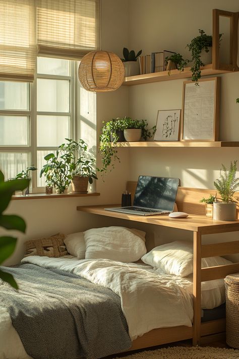 50 Clever Student Dorm Designs: Japandi-Inspired Small Space Living  Are you an inspired student ready to take your dorm from drab to fab? Don't settle for generic dormitory aesthetics when you can influence it with a touch of class and style! Discover how you can transform small space living into a minimalist paradise with our 50 Clever Student Dorm…  Read more: https://tastyinteriors.com/50-clever-student-dorm-designs-japandi-inspired-small-space-living/ Muji Room Design, Tiny Student Apartment, Tiny Japanese Bedroom, Studio Apartment Japanese Style, Student Room Inspiration, Minimalist Bedroom Design Japanese Style, Interior Design Student Room, Japandi Bedroom Apartment, Japandi Dorm Room