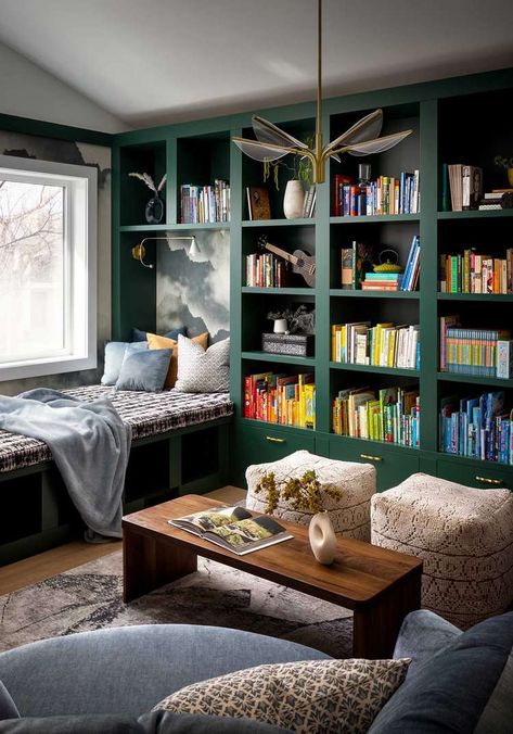 41 Spare Room Ideas So Extra Space Doesn't Go to Waste Craft Room Guest Room Combo, Cozy Library Room Ideas, Spare Room Ideas, Room Library Ideas, Bookshelf Decor Ideas, Balcony Decorating Ideas, Interior Makeover, Cozy Balcony, Home Library Rooms