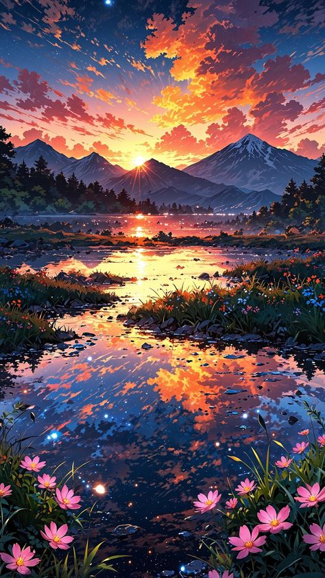 Capturing a breathtaking sunset over a tranquil lake, the sky painted in hues of orange and pink, with a silhouette of mountains in the background, warm and serene color temperature, cosmos lighting with stars twinkling in the sky, the atmosphere is peaceful and reflective. ✫ ━━━━━∙⋆⋅⋆∙━━━━━ ✫ Follow ➠ @tech4vinay.ai and Hit 🔔☝️ ✫ ━━━━━∙⋆⋅⋆∙━━━━━ ✫ #vibrantlandscapes #fanatasyworld #ailove #aiart #aiartcommunity #visionartai #stablediffusionai #midjourney #tech4vinay #NaturesSymphony #SkyMagi... Nature Scenery Painting, Mimi Core, Wallpapers Tablet, Peaceful Pictures, Background Mountain, Traditional Sketches, Bible Decor, Orange Nature, Sky Scenery