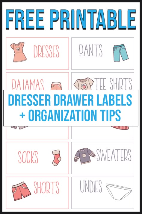 These free printable labels are perfect for kids clothes organization. Simple clothing labels for dresser drawers make it easier for children to get dressed independently and help put laundry away. Check out the other organizing ideas for kids clothes too. Dresser Labels, Closet Labels Printable, Clothes Labels, Free Printable Dresser Labels, Kids Drawer Labels Free Printable, Clothes Label, Kids Dresser Labels Free Printable, Editable Drawer Labels Free, Labels For Toy Bins Free Printable