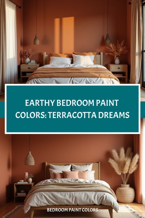 Inviting bedroom with warm terracotta walls and wooden accents Soft Terracotta Paint, Desert Inspired Paint Colors, Sw Cavern Clay Bedroom, Sunset Room Paint, Terra Cotta Bedroom Walls, Terracotta Bedroom Color Schemes, Terracotta Accent Wall Bedroom, Earthy Bedroom Colors, Terracotta Color Palette Bedrooms