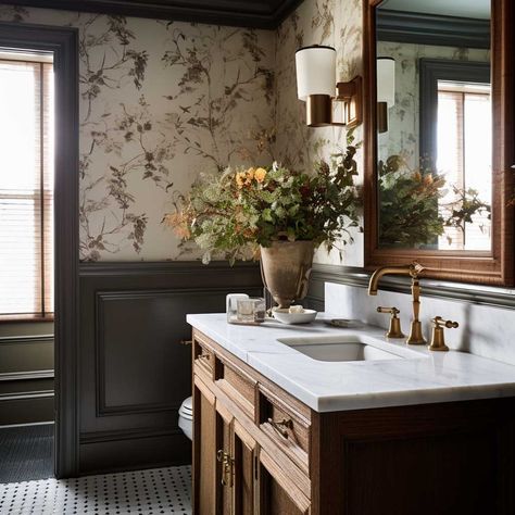 Dreamy Master Bathrooms, Modern Old Bathroom, Guest Full Bathroom, Traditional Bathroom With Wallpaper, Marble In Bathroom, Old European Bathroom, Ralph Lauren Powder Room, Bathroom Ideas Victorian, Small Bathroom Ideas Traditional