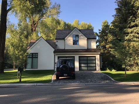 Dream garage in West Hallam, Aspen...note the tan shingles with beige exterior and black metal window frames and accents...also note the grey brick pavers Modern Victorian Exterior, Metal Window Frames, Victorian Exterior, Black Window Frames, Garage Roof, Black Window, Grey Brick, Brick Pavers, Black Windows