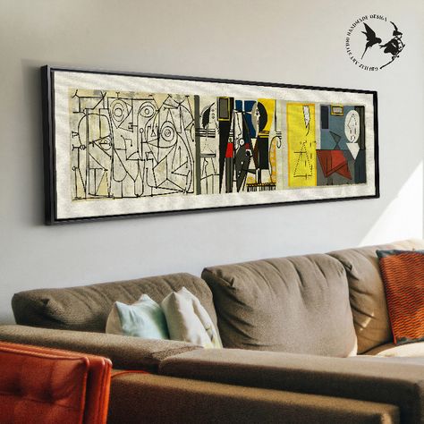 🖼️🎨 About the Artwork 🎨🖼️

It is an eclectic work. I reinterpreted Picasso. This painting will leave a great artistic and cultural impact on the area where you position it ❣︎

You can make a long horizontal painting on a wall the focal point of the room. You can increase the visual impact by mounting it on a large wall such as a living room, dining room or hallway. Long Horizontal Painting, Painting On A Wall, Colorful Modern Art, Large Bookshelves, Horizontal Painting, Large Framed Wall Art, Panoramic Art, Mid Century Modern Wall Art, Panoramic Wall Art