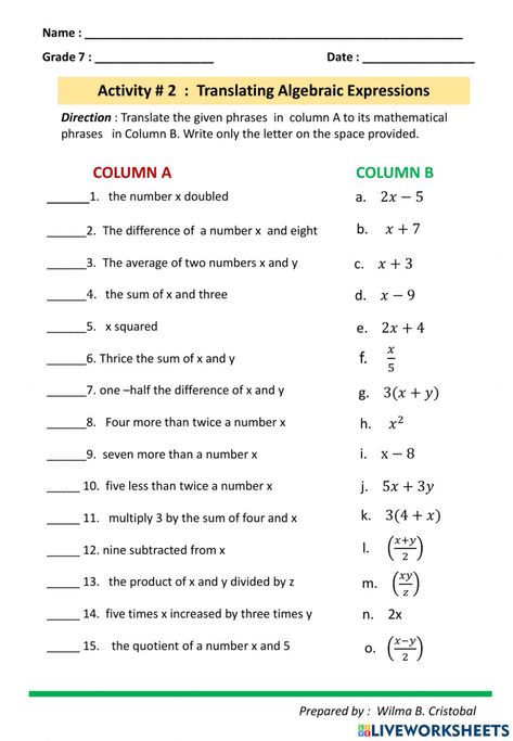 Writing Algebraic Expressions Activities, Basic Algebra Worksheets For Grade 6, Translating Words Into Algebraic Expressions, Simplify Algebraic Expressions, Algebra Worksheets For Grade 6, Algebraic Expressions Activities, Algebraic Expressions Worksheet, Basic Algebra Worksheets, Translating Algebraic Expressions