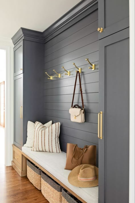 Mudroom Paint Color, Mudroom Remodel, Mudroom Cabinets, Blue Gray Paint, Mudroom Decor, Mudroom Entryway, Mudroom Laundry Room, Cabinet Paint Colors, Mudroom Ideas