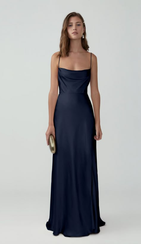 Timeless Dresses Prom, Prom Dress Satin Blue, Simple Banquet Dresses, Long Winter Ball Dresses, Prom Dresses Minimalist, Dark Blue Prom Dress Simple, Plain Prom Dresses Simple, Navy Blue Dress Silk, Dark Blue Simple Prom Dress