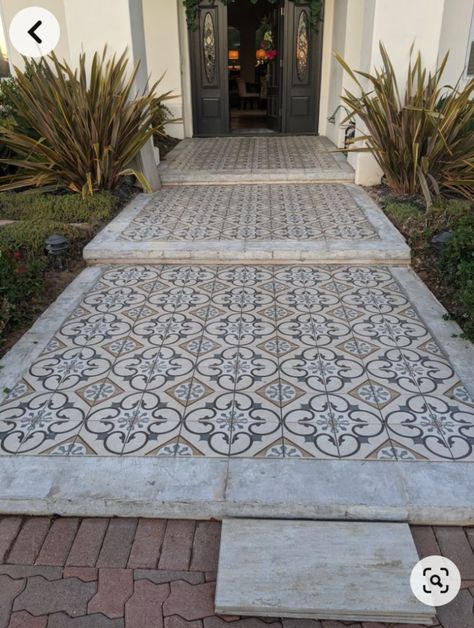 Tiled Front Walkway, Decorative Outdoor Floor Tiles, Mosaic Tiles Front Porch, Outdoor Tile Front Entry, Peel And Stick Concrete Tile, Beautiful Entrances Entryway, Patio Tiles Outdoor Flooring Modern, Tiled Porch Floor Entrance Outside, Spanish Tile Floor Entryway