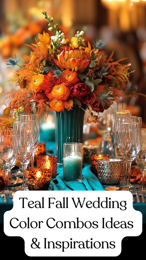 A beautiful teal and burnt orange fall wedding centerpiece with matching teal bridesmaid dresses and autumnal decor. Teal And Burnt Orange Centerpieces, Teal And Burnt Orange Table Setting, Teal And Gold Wedding Centerpieces, Teal And Orange Color Palette Wedding, Teal And Gold Flowers, Dark Teal Burgundy Burnt Orange Wedding, Dark Teal And Rust Orange Wedding Table, Dark Teal And Burnt Orange Wedding Centerpieces, Teal And Orange Bridesmaid Dresses