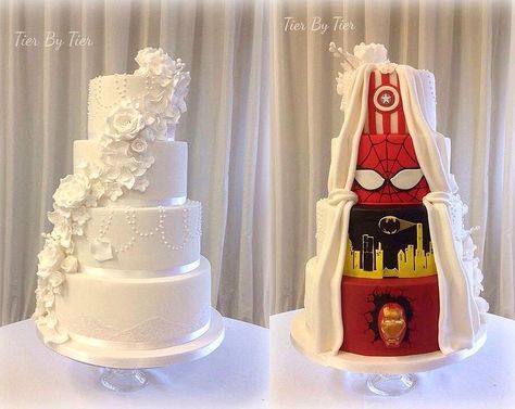 Now this is a geeky wedding cake. Superhero Wedding Cake, Marvel Wedding, Superhero Wedding, Marvel Cake, Cake Wrecks, Superhero Cake, Cool Wedding Cakes, Cute Wedding Ideas, Wedding Cake Ideas