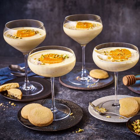 Tom Kerridge's Creamy Honey, Orange and Pistachio Possets Recipe | Recipes from Ocado 4 Course Meal, Orange Pistachio, Entertaining Desserts, Tom Kerridge, Creamy Honey, Desserts In A Glass, Cinnamon Pancakes, Wine Hampers, M&m Recipe