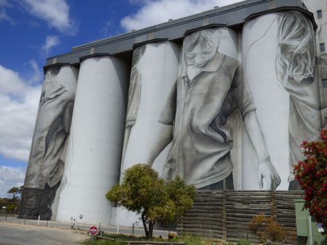 Coonalpyn Silo Art Silo Art, Grain Silo, Street Wall Art, Mediterranean Cruise, Drive Through, Roadside Attractions, Paintings I Love, Water Tower, Street Artists