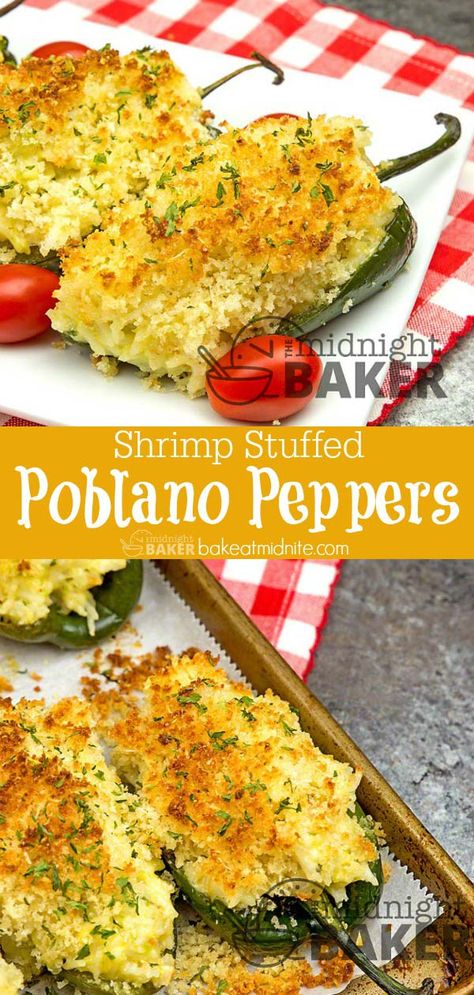 Stuffed Poblano Peppers Healthy, Shrimp Stuffed Pablo Peppers, Zucchini Poblano Recipes, Shrimp And Cheese Stuffed Poblano Peppers, Shrimp And Poblano Peppers Recipe, Shrimp Stuffed Poblano Pepper Recipes, Stuffed Peppers With Shrimp, Pablano Pepper Shrimp, Shrimp And Cheese Stuffed Poblanos