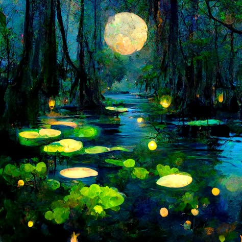 Sleepy lagoon moon forest swamp creek fairy lights floating glow arabesque tiny boat trees moss night Louisiana beautiful 4K Impressionism jazz green fireflies Forest Night Sky Painting, Pond At Night Aesthetic, Firefly Forest Painting, Forest Pond Painting, Swamp Trees Drawing, Swamp Painting Easy, Enchanted Painting Ideas, Night Lake Painting, Forest Green Painting