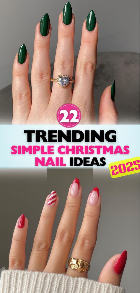 Find your perfect holiday nail style with these classy, simple Christmas nail ideas. Great for any celebration with a touch of seasonal sophistication. Christmas Nails Color Ideas, Holiday Acrylic Nails Christmas, Simple Christmas Nails No Design, Almond Shaped Christmas Nails Simple, Easy Christmas Nail Ideas For Beginners, Christmas Nails Plain Colors, Simple At Home Christmas Nails, Basic Christmas Nail Ideas, Holiday Nails For Work