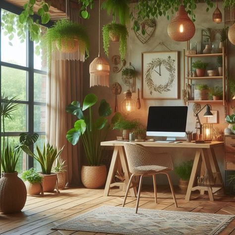 Boho Workspace, Chic Office Ideas, Boho Office Room, Jungle Office, Boho Chic Office, Lego Office, Bohemian Home Office, Boho Home Office, Bohemian Office