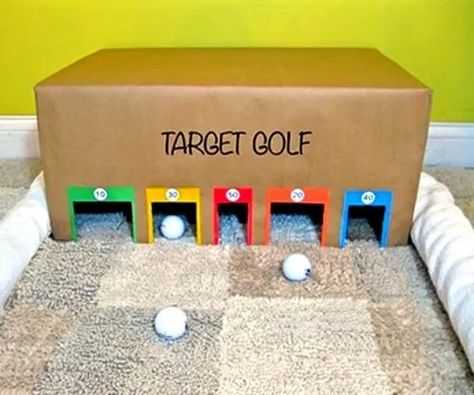 Diy Mini Golf, Home Games For Kids, Mini Golf Party, Mini Golf Ideas, School Carnival Games, Diy Carnival Games, Fall Party Games, Diy Cardboard Toys, Carnival Games For Kids