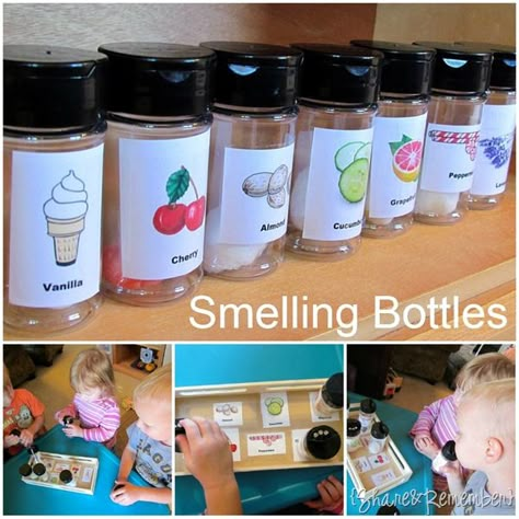 DIY smelling bottles made from spice containers with a cotton ball and a few drops of cooking extracts or essential oils. Senses Dramatic Play, Preschool 5 Senses, Preschool Sensory Play, Science Center Preschool, Homemade Games, Homeschool Coop, 5 Senses Activities, Pre-k Science, Senses Preschool