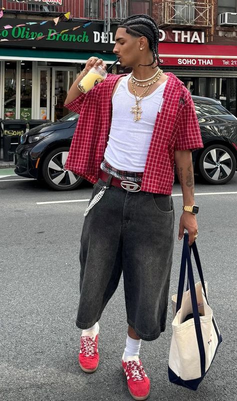 Y2k Fit Inspo Men, Summer Fits Aesthetic Men, Street Wear Men Aesthetic, Red T Shirt Outfit Men, Male Streetwear Outfits, Male Outfits Summer, Street Wear Aesthetic Men, Drip For Men, Street Wear Boys