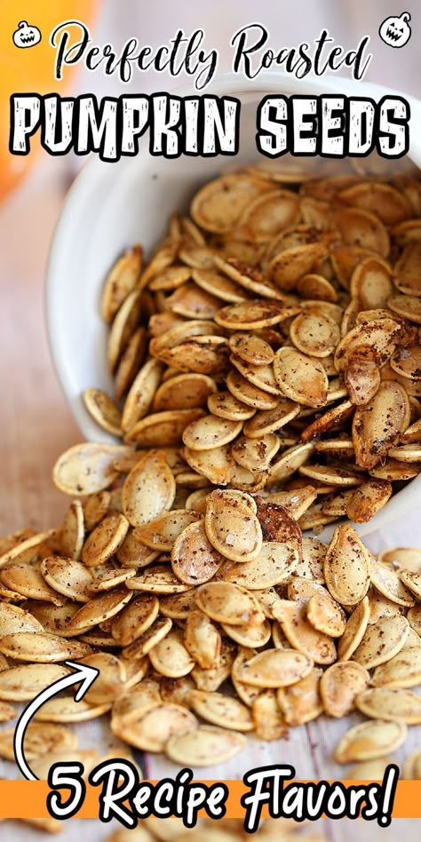 Our no-fail recipe for making the perfect ROASTED PUMPKIN SEEDS. An easy, healthy and crunchy snack for the fall season. Plus, 5 simple seasoning options you have to try! Baking Pumpkin Seeds In Oven Easy, Pumpkin Seeds Recipe Oven, Roasted Pumpkin Seeds Seasoning, Cooking Pumpkin Seeds In The Oven, Simple Pumpkin Seed Recipe, Pumpkin Seeds Recipe Worcestershire, Roasted Pumpkin Seeds Sweet, Pumpkin Seed Recipe Baked, Oven Roasted Pumpkin Seeds Recipe