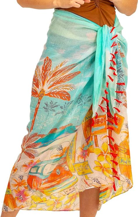 Surf Print Beach Sarong - Smooth and Silky Cotton Long Pareo for Women - Ladies Wrap - Bikini Swimsuit Cover Up - Tapestry Wall Hanging at Amazon Women’s Clothing store Beach Pareo, Pareo Sarong, Sarong Skirt, Tropical Bikinis, Skirt Wrap, Beach Sarong, Coverup Beach, Stylish Scarves, Tapestry Wall