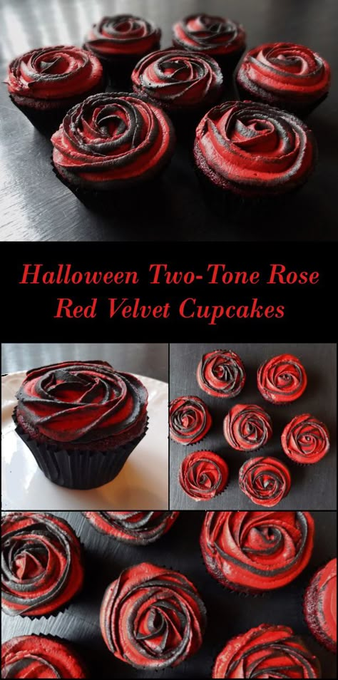 RECIPE: Two-Tone Rose Red Velvet Cupcakes. Red velvet cake has a mild chocolate flavour which comes from adding a small amount of cocoa powder to the batter. Halloween Frightening French Fête Parisienne Party Theme Decorating & Food Ideas Red Velvet Cupcakes Halloween, Horror Themed Cupcakes, Adams Family Cupcakes, Phantom Of The Opera Food Ideas, Horror Cupcakes Ideas, Red Velvet Cake Halloween, Halloween Red Velvet Cake, Halloween Red Velvet Cupcakes, Vampire Cupcakes Ideas