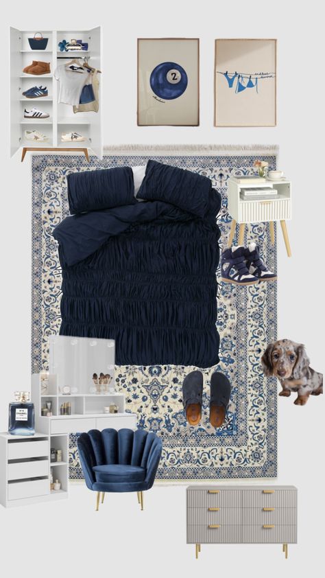 Navy Room 💙✨🌨 #room #aesthetic #decor #roomdecor #roominspo #navy #blue #design #dreamroom #bedroom Blue Room Themes, Navy Dorm Room, College Room Inspiration, Clean Girl Room, Romanticizing College, Room Inspo Decor, Navy Room, Room Aesthetic Decor, Dorm Room Layouts