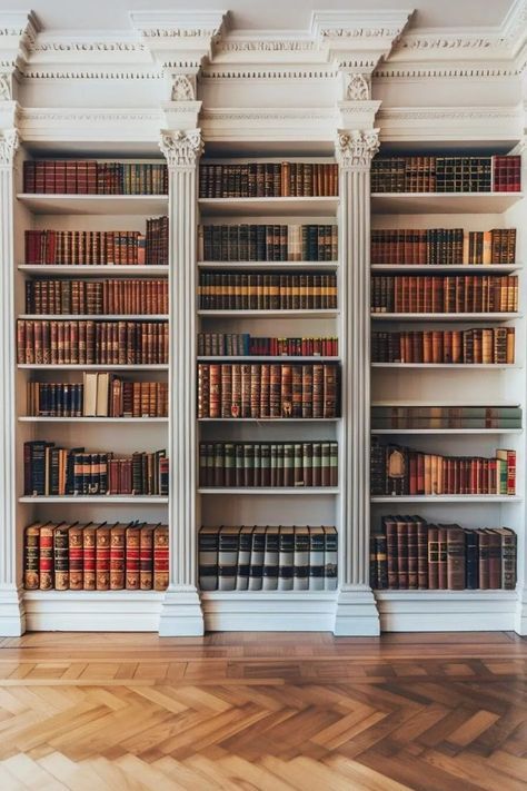 Molding Bedroom, Home Library Aesthetic, Elegant Library, Crown Molding Ideas, Fireplace Bookcase, Dining Room Library, Home Library Ideas, Floor To Ceiling Bookshelves, Bookshelf Aesthetic