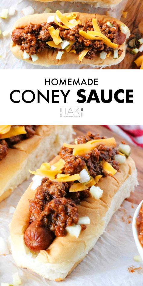 A quick-fix coney sauce recipe for making the best homemade chili dogs! Featuring ground beef, ketchup and a simple mix of spices. A quick and easy dinner idea perfect for kids, and a great addition to any party food spread! Coney Sauce For Hot Dogs Ground Beef, Homemade Coney Sauce Recipes, Cony Dogs Recipe, Easy Hot Dog Chili Recipe Coney Sauce, Hot Dog Coney Sauce Recipe, Hot Dog Sauce Recipe Homemade, Homemade Chili Dogs, Chili For Chili Dogs Homemade, Coney Chili Sauce