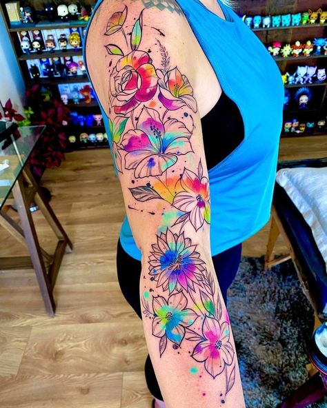 Color Sleeve Tattoo Women, Sleeve Tattoo Women, Watercolor Tattoo Sleeve, Watercolor Tattoo Ideas, Christian Sleeve Tattoo, Ideas For Tattoos, Tatuaje A Color, Watercolor Tattoos, Tattoo Women