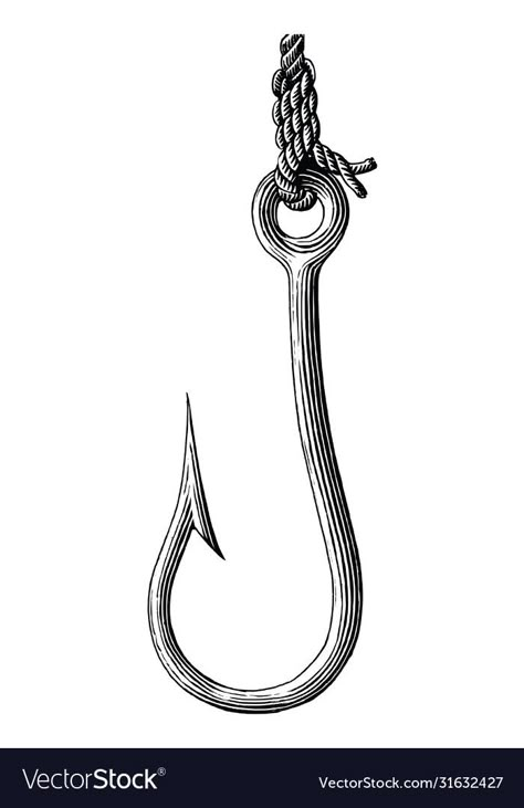 Vintage Fishing Illustration, Fishing Hook Illustration, Fish Hook Illustration, Fish Drawing Black And White, Fishing Art Drawing, Fish Hook Drawing, Fishing Hook Drawing, Fine Lines Tattoo, Fisherman Drawing