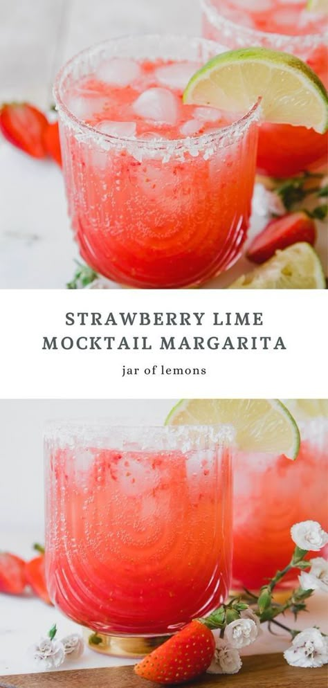 This Strawberry Lime Mocktail Margarita recipe is full of the best summer flavors! It’s refreshing and the perfect balance of sweet and tangy. Serve it over ice with a classic flaky salt rim for the ultimate healthy drink you’ll want to keep on repeat! Lemonade With Honey, Mocktail Margarita, Strawberry Mojito Mocktail, Margarita Mocktail Recipe, Fresh Strawberry Lemonade, Summer Mocktail, Mocktail Drinks, Mojito Mocktail, Strawberry Mojito