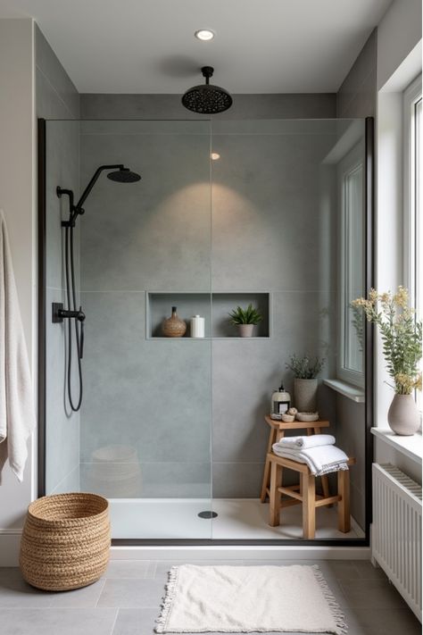 Scandinavian bathroom with walk-in shower, grey tiles, and wooden accents Grey Scandinavian Bathroom, Bathroom Ideas Modern Minimalist, Small Bathroom Concrete Floor, Minimalistic Bathroom Master, Nordic Master Bath, Mid Century Scandinavian Bathroom, Nordic Style Bathroom Design, Same Tile Bathroom, Minimalist Scandinavian Bathroom