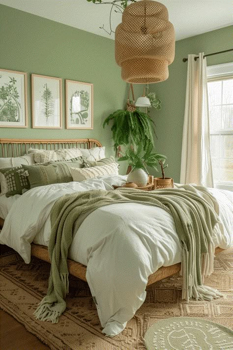 29 Green Boho Bedroom Ideas 15 Green Boho Bedroom Ideas, Soft Green Aesthetic, Green Room Ideas Bedroom, Green Boho Bedroom, Green And White Bedroom, Sage Green Bedroom, Boho Bedroom Ideas, Retreat Ideas, Green Bedroom