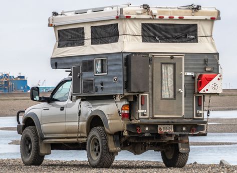 Truck Bed Pop Up Camper, Slide In Truck Camper Storage Ideas, Popup Truck Camper, Truck Pop Up Camper, Slide On Camper, Truck Camper Storage, Truck Camper Interior, Truck Camper Remodel, Flatbed Camper