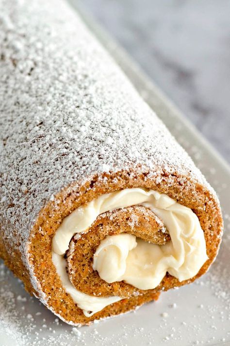 Carrot Cake Roll Recipe, Carrot Cake Roll, Pumpkin Roll Recipe Easy, Pumpkin Roll Cake, Spring Time Desserts, Pumpkin Rolls Recipe, Easy Carrot Cake, Roll Cakes, Cake Roll Recipes