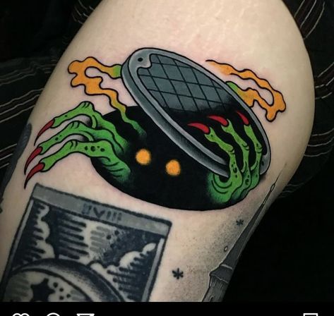 Low Leg Tattoo Men, Traditional Sci Fi Tattoo, Weird American Traditional Tattoo, Spooky American Traditional, Space Oddity Tattoo, Weird Tattoo Flash, Bear Trap Tattoo, Modern Traditional Tattoos, 90s Tattoo Ideas