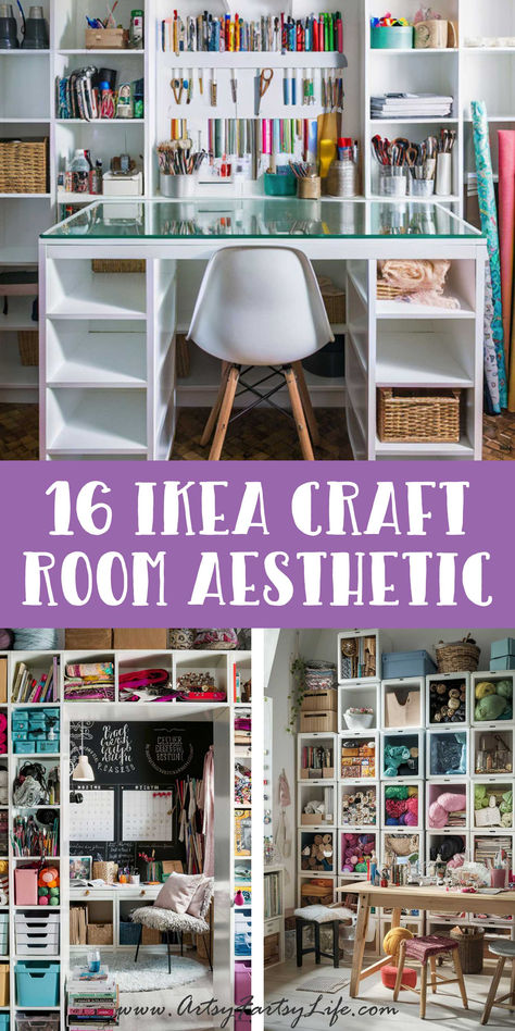 Ikea Craft Room Aesthetic and Inspiration Craft Desk Ideas For Small Spaces, Art Studio Ikea Hacks, Craft Room Ideas For Small Rooms, Small Room Craft Room, Craft Room Wrapping Station, Craft Storage Room Ideas, Cricut Craft Table Ideas, Cricket Craft Room Ideas, Craft Room Ikea Ideas