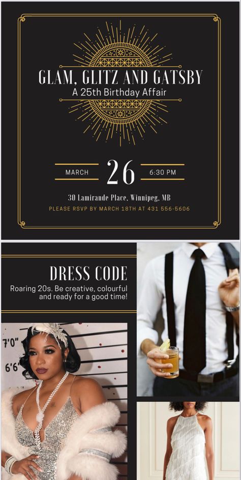 40th Birthday Gatsby Theme, 1920s 30th Birthday Party, Gatsby Party For Men, Gatsby Outdoor Party, Harlem Nights Invitations, Great Gatsby 25th Birthday, Great Gatsby 70th Birthday, 21st Great Gatsby Party, Great Gatsby Party For Men