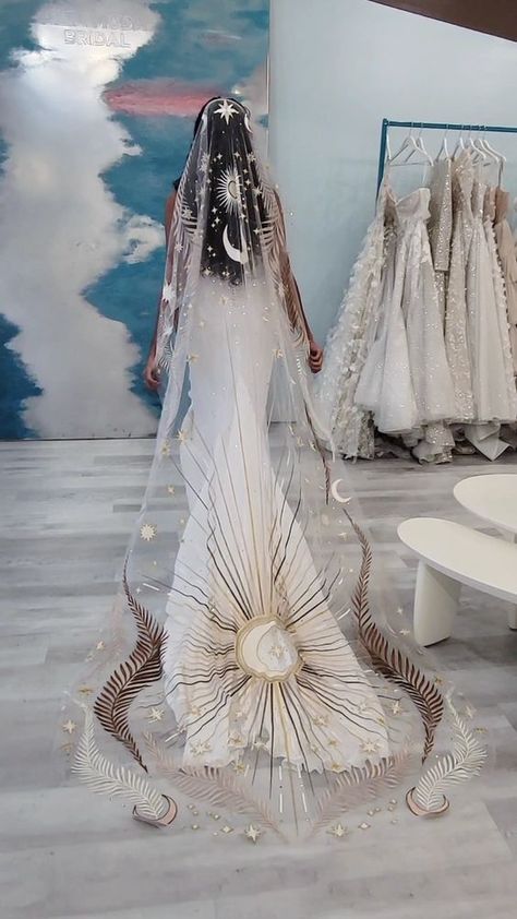 Celestial Dress Wedding, Wedding Dresses Special, Moon Goddess Wedding Dress, Spiritual Wedding Dress, Sun And Moon Wedding Dress, Cloud Wedding Dress, Celestial Wedding Dress Starry Nights, Celestial Wedding Dresses, Celestial Wedding Veil