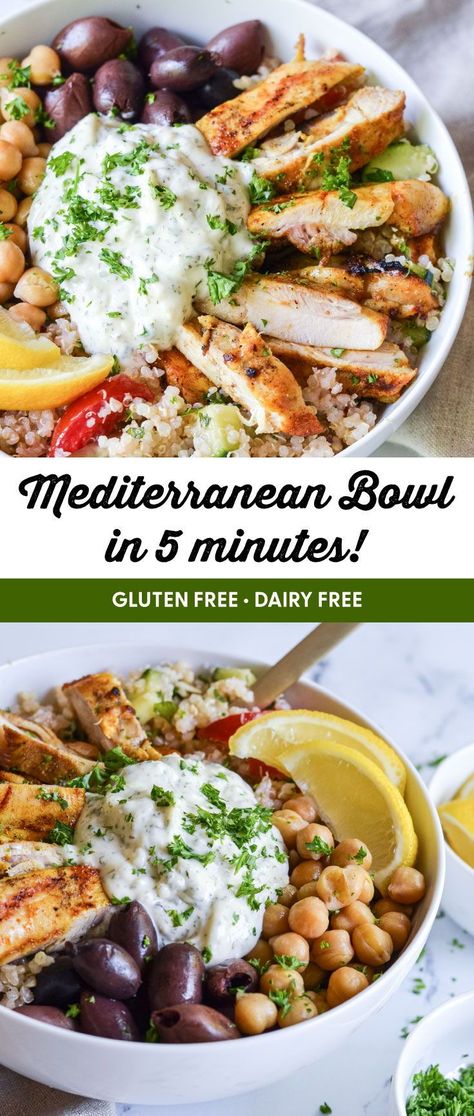 Recipe for Mediterranean Chicken paired with homemade gluten free Tabbouleh and Creamy Garlic Sauce make the perfect Mediterranean bowl. #mediterraneanbowl #mediterraneanfood #glutenfree #dairyfree #grainfree #paleo Gluten Free Dairy Free Mediterranean, Mediterranean Power Bowl Recipe, Mediterranean Chicken Rice Bowl, 5 Minute Mediterranean Bowl, Mediterranean Sauces Recipes, Mediterranean Diet Gluten Free Recipes, Medeteranian Bowl Recipes, Mediteranian Bowl Recipes, Meditrainian Bowl