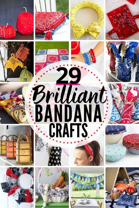 29 BRILLIANT Bandana Crafts & Decorating Projects! #bandana #bandanna #bandanacrafts #bandanaideas #bandanadecorations #bandanadecor #bandanapillow #bandanaheadband #bandanawreath #bandananapkin #bandanaquilt #dollartreebandana #dollarstorebandana Crafts With Bandanas No Sew, Projects With Bandanas, Bandana Crafts Ideas, Bandana Banner Diy, Bandana Decorating Ideas, Bandana Uses, Bandana Bags Diy, Bandana Wreath, Bandana Quilt