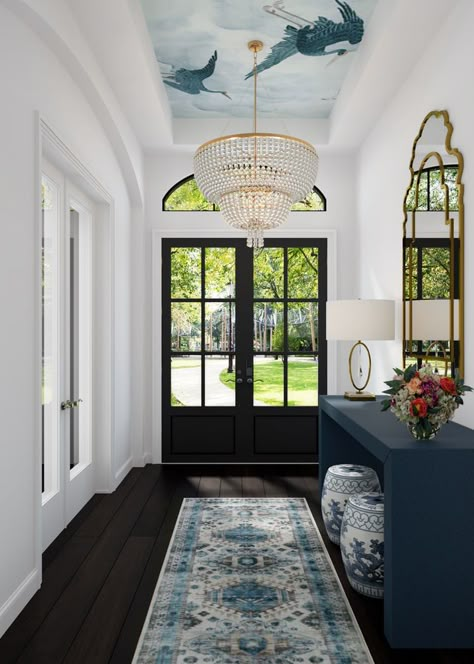 Wallpaper Ceiling Dining Room Modern, Wallpaper On Ceiling Entryway, Wallpaper Foyer Ceiling, Entryway Ceiling Wallpaper, Tray Ceiling With Wallpaper, Wallpaper In Tray Ceiling, Entry Way Ceiling Design, Wallpaper Ceiling Entryway, Vaulted Ceiling Wallpaper