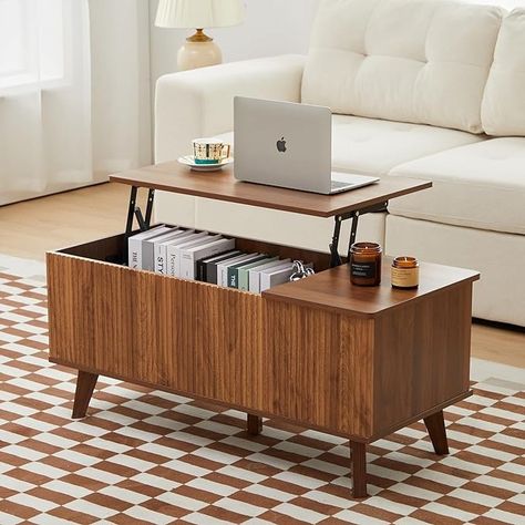 Amazon.com: wirrytor Wooden Fluted Lift Top Coffee Table with Hidden Compartment, Modern Rectangle Center Tables with Adjustable Storage Shelf, Lift Tabletop Dining Table for Home Living Room Office(Natural) : Home & Kitchen Rising Coffee Table, Door Dining Table, Boho Coffee Table, Wood Lift Top Coffee Table, Storage Bench Ottoman, Ottoman Ideas, Lift Coffee Table, Center Tables, Scandi Home