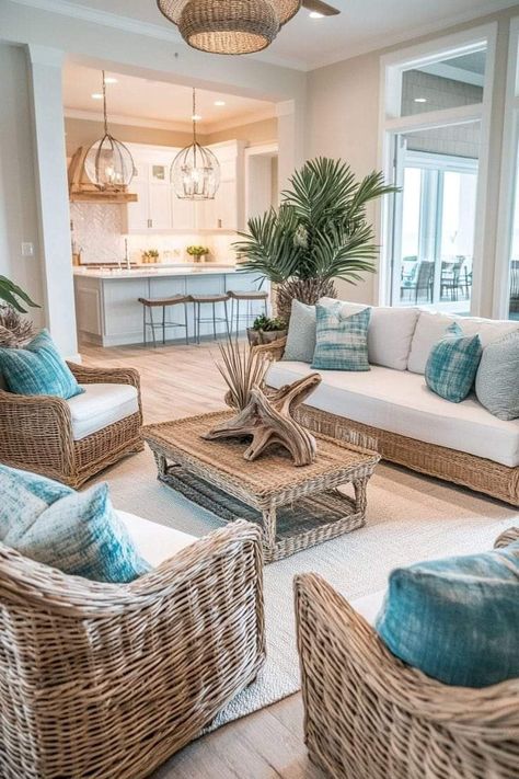 Greek House Decor, Airbnb Beach House Decor, Beach Theme Living Room Coastal Style, California Coastal Living Room, Small Beach House Interior, Modern Beach House Interior, Airbnb Inspiration, Lake House Aesthetic, Coastal Living Rooms Ideas