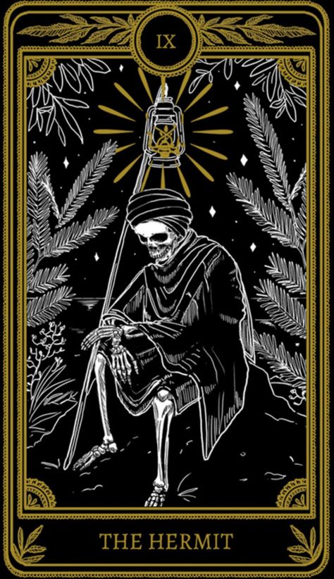 Marigold Tarot Cards, Tarot Card Hermit, The Hermit Tarot Card Art, Skeleton Tarot Cards, Tarot Cards Design, Tarot The Hermit, Tarot Card Designs, The Hermit Tarot Card, Hermit Tarot Card